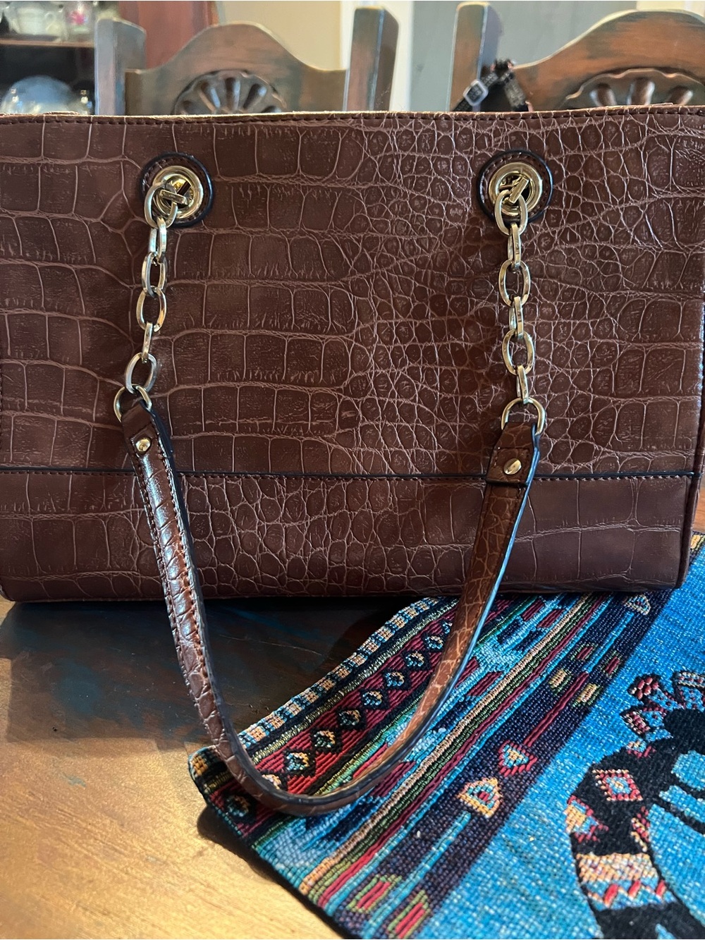 Anne Klein Brown Croc-Embossed Chain Shoulder Bag with Gold Charm - Picture 3 of 4